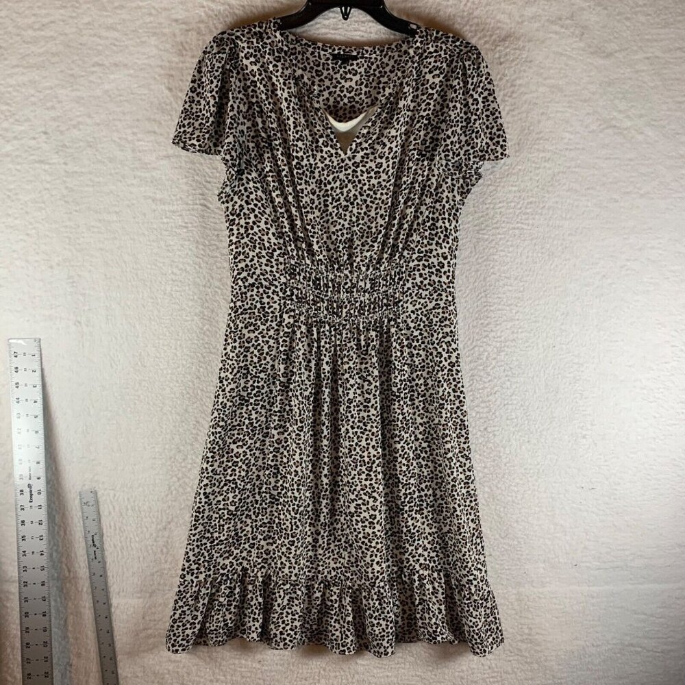 Talbots Women's Animal Print Flutter Sleeve Ruffle Hem A-Line Midi Dress Size 12